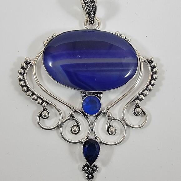 Blue Banded Agate Pendant – With Sapphire Quartz Accent + 20" Silver Chain - Picture 1 of 10